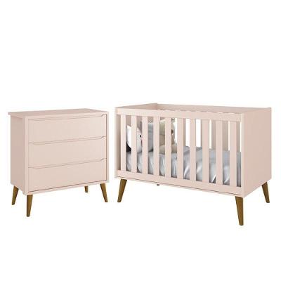 Jogo de Quarto Infantil Cômoda 3 Gavetas e Berço Americano Theo Retrô MDF Rosa Fosco Reller Móveis