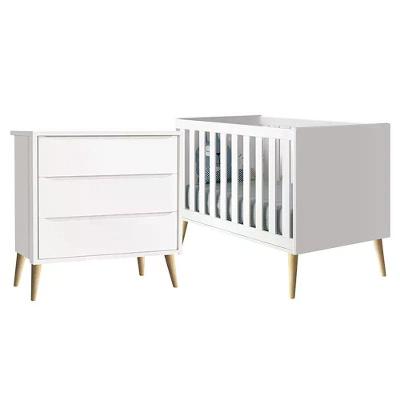 Jogo de Quarto Infantil Cômoda 3 Gavetas e Berço Americano MDF Branco Fosco com Pés Madeira Natural