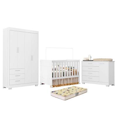 Dormitório Zaki Guarda Roupa Cômoda e Berço Katatau com Colchão Supreme 4 Portas 3 Gavetas MDF