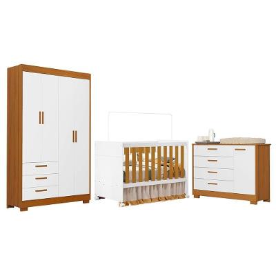 Dormitório Infantil Zaki Guarda Roupa Cômoda e Berço Katatau 4 Portas 3 Gavetas MDF Branco