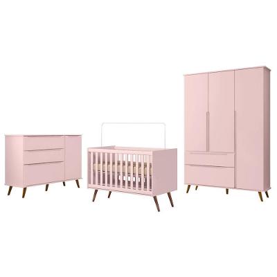 Dormitório Melinda Guarda Roupa Cômoda e Berço Retrô 3 Portas de Bater MDF Rosê Acetinado Phoenix