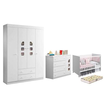 Dormitório Lívia Guarda Roupa Cômoda e Berço Americano Tico com Colchão MDF Branco Phoenix Baby