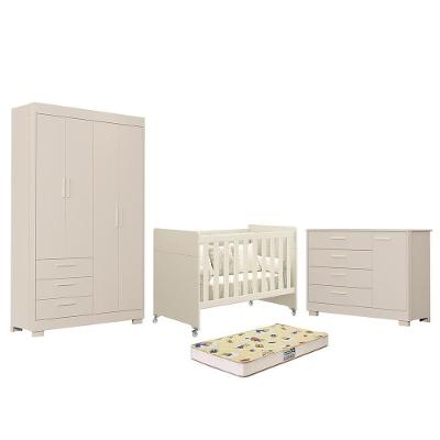 Conjunto de Quarto Zaki Guarda Roupa 4 Portas Cômoda 1 Porta Berço Evolution com Colchão MDF Areia