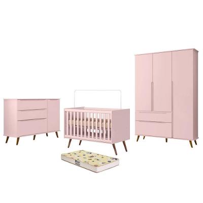 Conjunto de Quarto Melinda com Guarda Roupa e Cômoda e Berço Retrô com Colchão Supreme Rosê