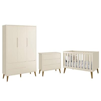 Conjunto de Quarto Theo Retrô com Guarda Roupa e Cômoda e Berço MDF Areia Fosco Pés Amadeirado