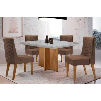 Kit 4 Cadeiras Dafne Naturale Off White Mesa Berlim 90CM MDF Vidro Fosco Amadeirado Móveis Rufato