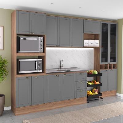 Cozinha Completa com Balcão Milla Alto sem Porta sem Gavetas MDF MDP 340CM Nogal com Cinza Titânio