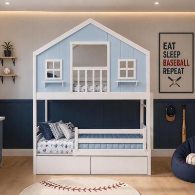 Beliche Infantil Solteiro Casinha dos Sonhos Varanda Escada Gavetas Madeira Maciça Branco Azul