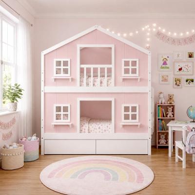 Beliche Infantil Casinha dos Sonhos com Gavetas Rosa e Branco Megamobília
