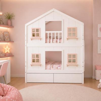 Beliche Infantil Casinha dos Sonhos com Gavetas e Fechamento Inferior Branco e Rosa Megamobília