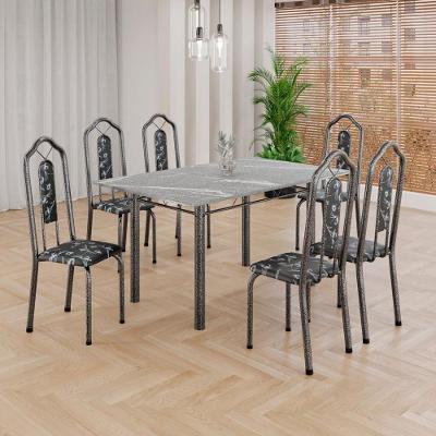 Conjunto de Mesa Tubular Brenda 010 6 Lugares Tampo em Granito Preto Floral 140CM Tudo de Móveis