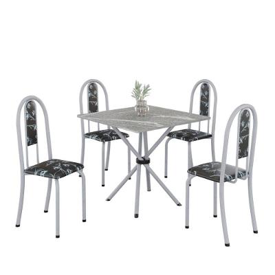 Conjunto de Mesa Tubular 4 Lugares Tampo em Granito Preto Floral 70CM Tudo de Móveis