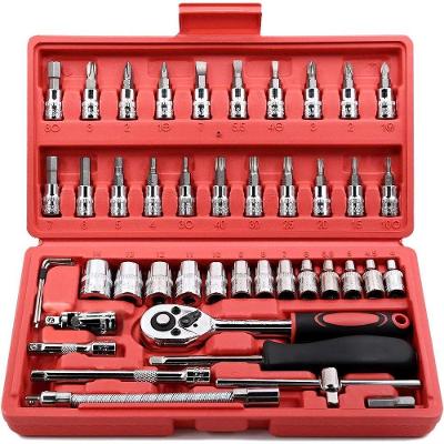 Conjunto de Chaves Catraca e Soquetes 46 Peças com Soquete Métrico e Haste de Extensão Vermelho