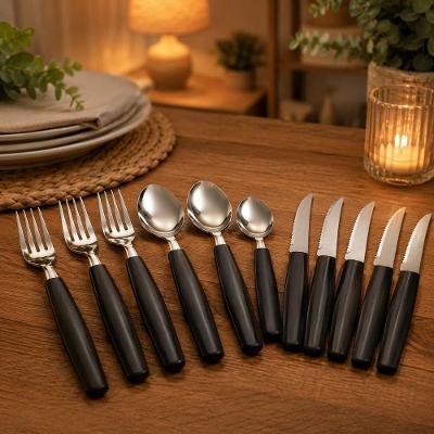 Jogo de Talheres 16 Peças Aço Inox Polido com Cabo Preto para Mesa e Área Gourmet