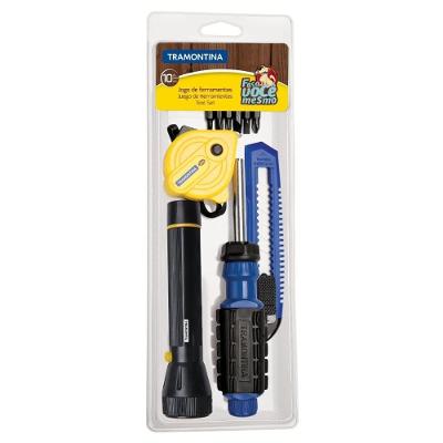 Kit de Ferramentas 43408123 10 Peças com Trena Estilete Lanterna Azul Tramontina