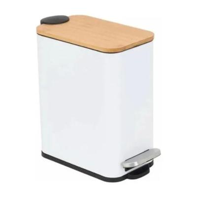 Lixeira Quadrada de Metal com Pedal e Tampa em Bambu 5L Branca Lyor