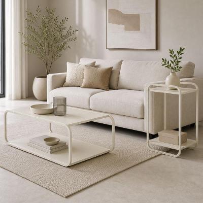 Kit Mesa de Centro e Mesa Lateral Alek A03 Orgânico MDF Metal 80CM Off White