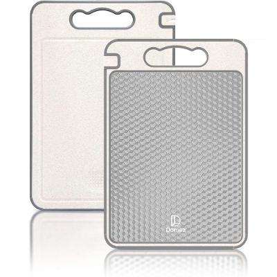 Tábua de Corte Inox Domez Dupla Face Aço Inoxidável e PP com Afiador Canaletas e Alça Ergonômica