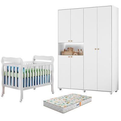 Berço Americano com Guarda Roupa Infantil Lila 6 Portas MDF Branco com Colchão Albatroz Móveis