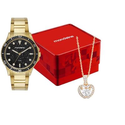 Kit Relógio Feminino Elegante Aço Inox Dourado com Colar Mondaine