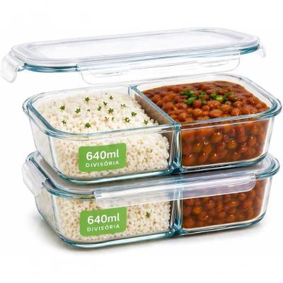 Kit 2 Potes de Vidro Borossilicato Hermético 640ml com Divisória Marmita Fitness Transparente Bivolt