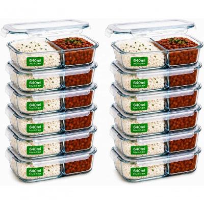 Kit 6 Potes de Vidro Borossilicato Hermético 640ml com Divisória Marmita Fitness 4 Travas Azul