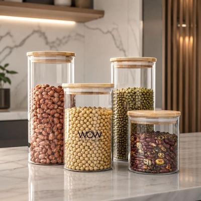 Kit 4 Potes Herméticos Tampa Estilo Bambu Organizador de Mantimentos para Cozinha Transparente