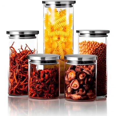 Kit 5 Potes Herméticos Redondos de Vidro Borossilicato com Tampa Aço Inox para Mantimentos e Cozinha