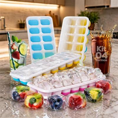 Kit 4 Formas de Gelo Silicone com Tampa 14 Cubos Colorido BPA Free