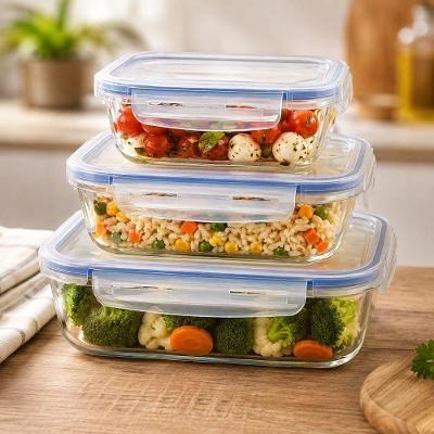 Kit 3 Potes Herméticos de Vidro 380ml 630ml 1000ml com Tampa 4 Travas para Micro-ondas Freezer