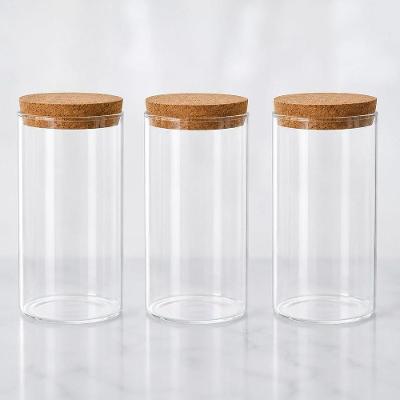 Kit 3 Potes Herméticos de Vidro 1100ml com Tampa de Bambu Redondo Transparente