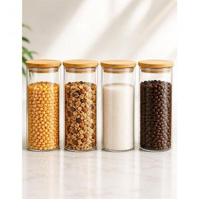 Kit Potes Herméticos de Vidro 450ml com Tampa de Bambu para Cozinha Transparente