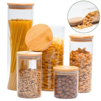 Kit 5 Potes de Vidro Hermético com Tampa de Bambu Porta Alimentos para Grãos e Temperos Transparente