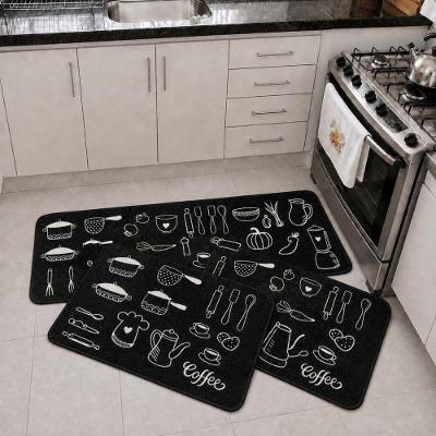 Kit Tapete Passadeira Retangular 100% Poliéster Base Antiderrapante para Cozinha Preto Casa Scarpa