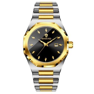 Relógio de Pulso Masculino Esportivo de Quartzo em Aço Inox Preto e Dourado Binbond