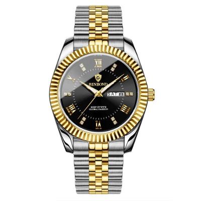 Relógio de Pulso Masculino Design Esportivo Casual Analógico Aço Inox Preto e Dourado Binbond
