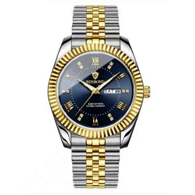 Relógio de Pulso Masculino Design Esportivo Casual Analógico Aço Inox Azul e Dourado Binbond