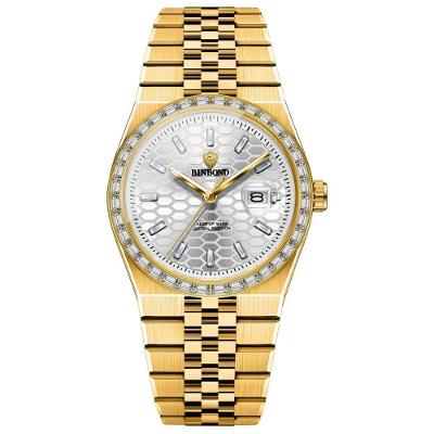Relógio Masculino Estilo Clássico de Aço Inox Branco Dourado Binbond