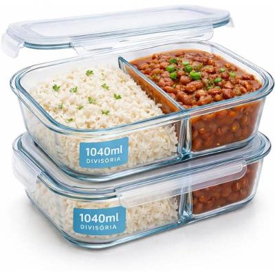 Pote de Vidro Hermético Kit 2 com Divisória 1040ML Borossilicato Freezer Forno Micro-ondas