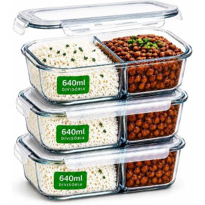 Pote de Vidro Hermético Kit 3 Potes 640ml com Divisória Marmita Fitness 4 Travas Borossilicato