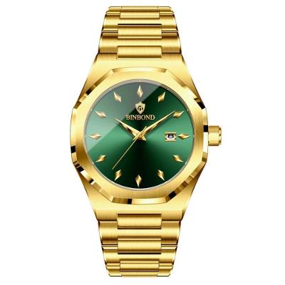 Relógio de Pulso Masculino Esportivo Verde Dourado em Aço Inox com Data Automática Binbond