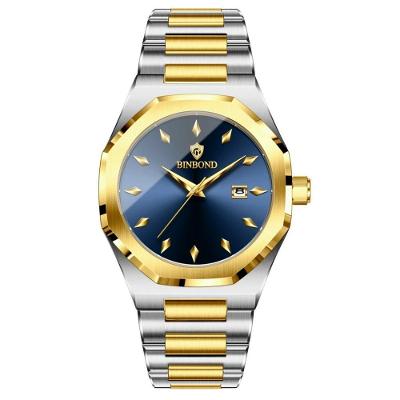 Relógio de Pulso Masculino Esportivo Azul Dourado em Aço Inox com Data Automática Binbond