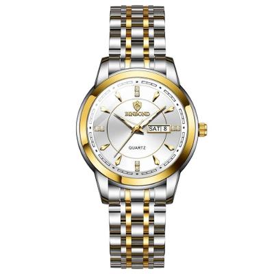 Relógio de Pulso Feminino Branco Dourado Analógico em Aço Inox Luminoso Display LED Binbond