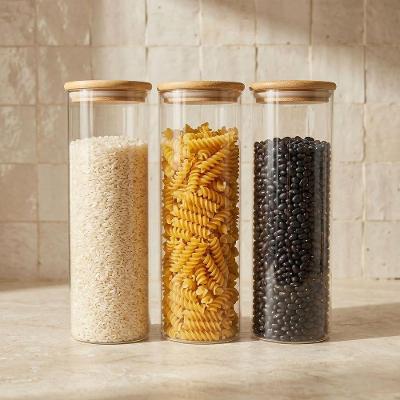 Kit 3 Potes Herméticos de Vidro com Tampa de Bambu para Mantimentos Cozinha Transparente 2L