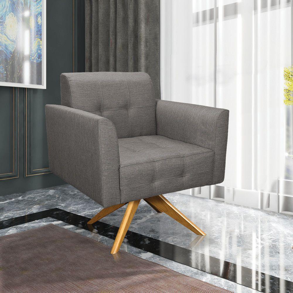 Poltrona Giratória Elisa Linho Grafite A26 Base Madeira Ma30 - 6