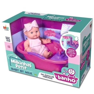 Boneca Milkinhas Petit Banho com Banheira Que Solta Água Realista 20CM Vinil