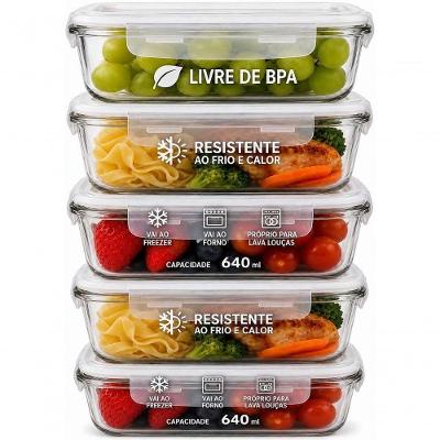Kit 5 Potes de Vidro Herméticos Retangulares 640ml Transparente com Tampa Cinza para Marmita