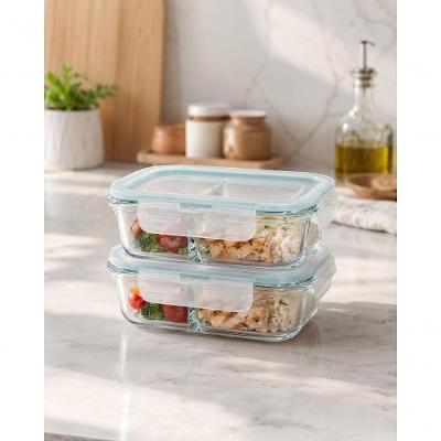 Kit 2 Potes de Vidro Borossilicato 640ml com Divisória Marmita Fit para Micro-ondas e Forno