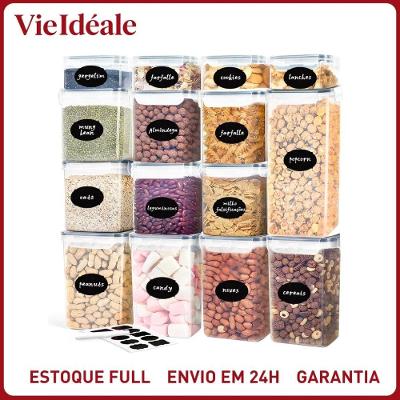 Kit 15 Potes Herméticos Empilháveis Plástico Transparente com Tampa Trava e Etiquetas