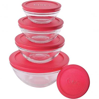 Conjunto de Potes Euro Home Redondos com Tampa Plástica para Alimentos Vidro Vermelho 150ML 200ML